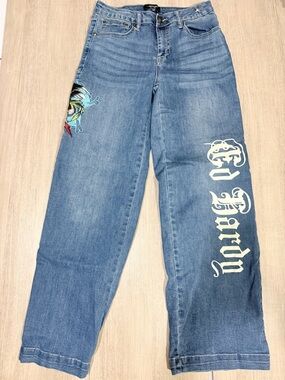 Ed Hardy Light Blue Straight-Leg Jeans with Garden Script & Floral Detail